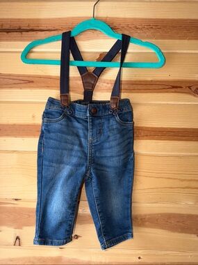OshKosh B'gosh Blue Denim Jeans with Navy Suspenders and Brown Accents